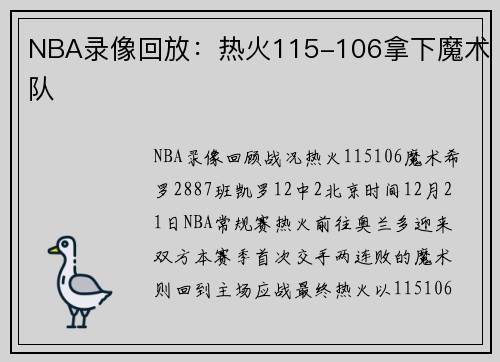 NBA录像回放：热火115-106拿下魔术队